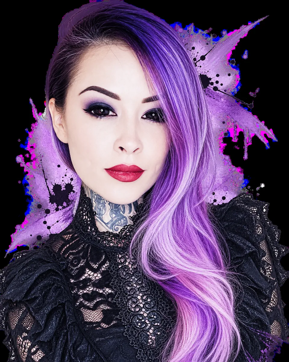 Cybil Souza, Violet Flame teacher, with violet hair and ink splashes
